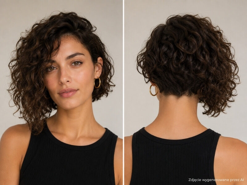 asymetryczne kręcone włosy do szyi asymetryczny curly bob z jedną stroną wyraźnie dłuższą