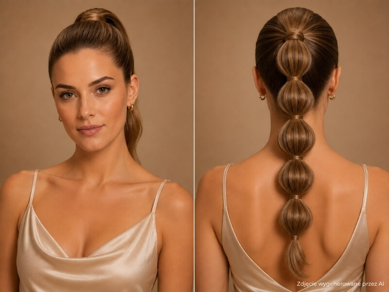fryzury na wesele jako gość – długi bubble ponytail wysoki bąbelkowy kucyk z regularnymi segmentami