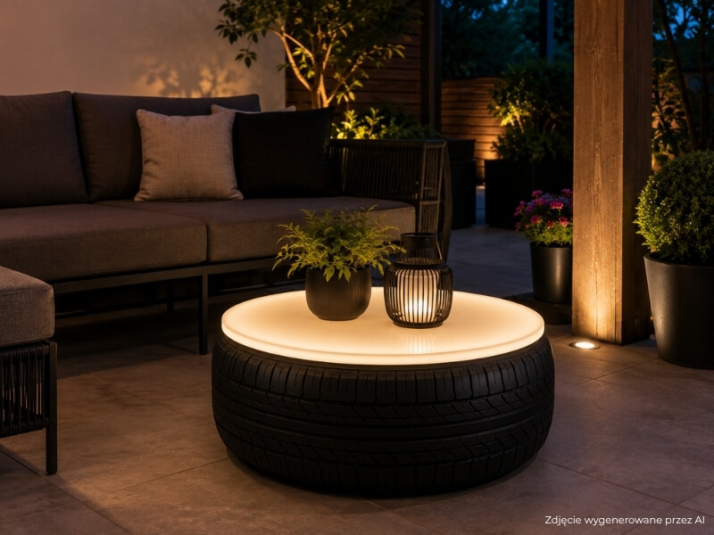 cuda ze starych opon – czarny stolik z blatem led