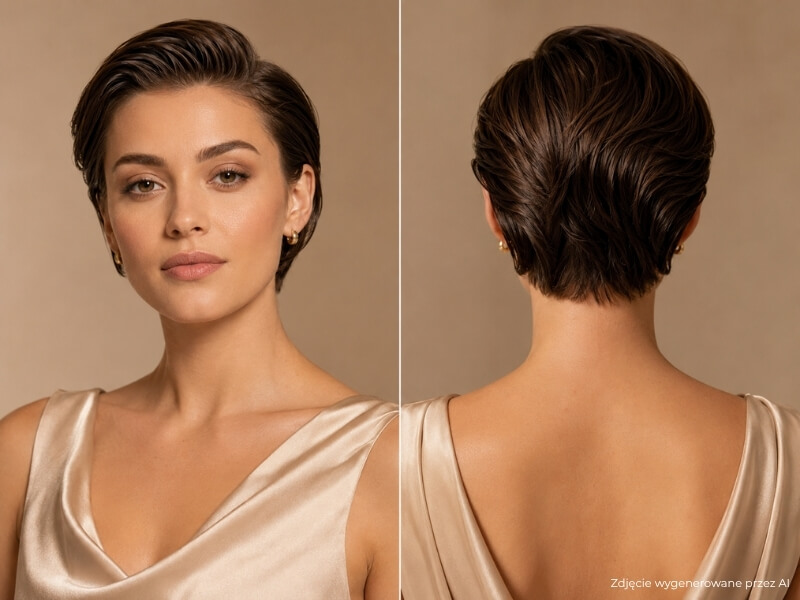 zaczesane w elegancki wet look fryzury na wesele jako gość – gładkie włosy z połyskiem krótkie ciemnobrązowe włosy zaczesane w elegancki wet look