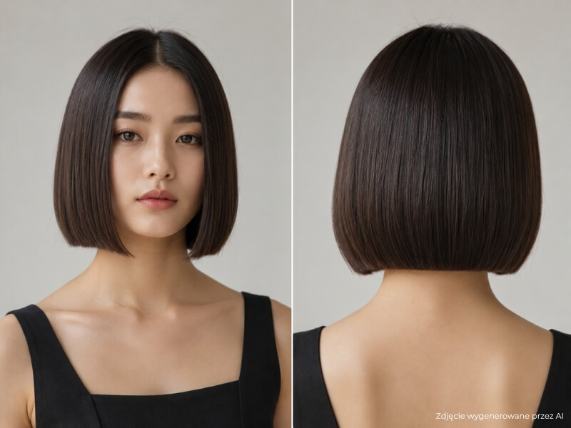 japanese bob – brązowe włosy do szyi japanese bob z geometryczną linią cięcia – widok z przodu i z tyłu