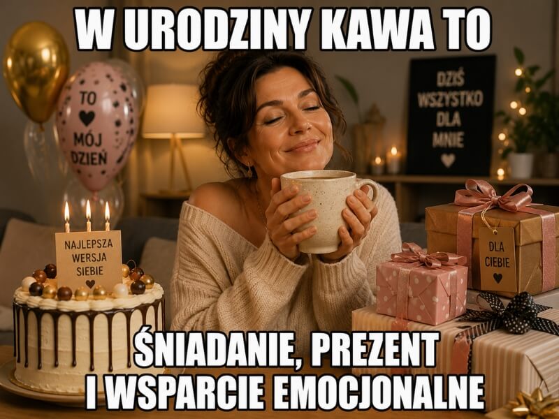 kobieta obejmująca duży kubek kawy przy torcie i prezentach