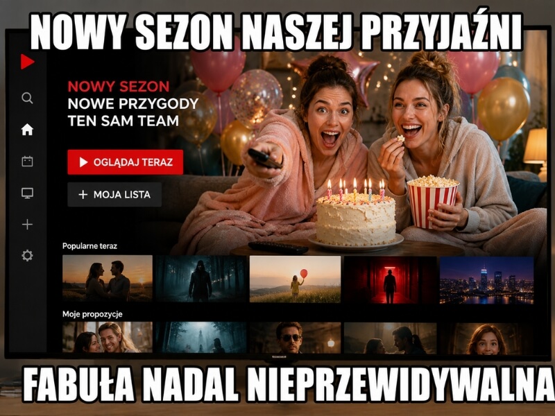 przyjaciółki z popcornem i tortem przed ekranem