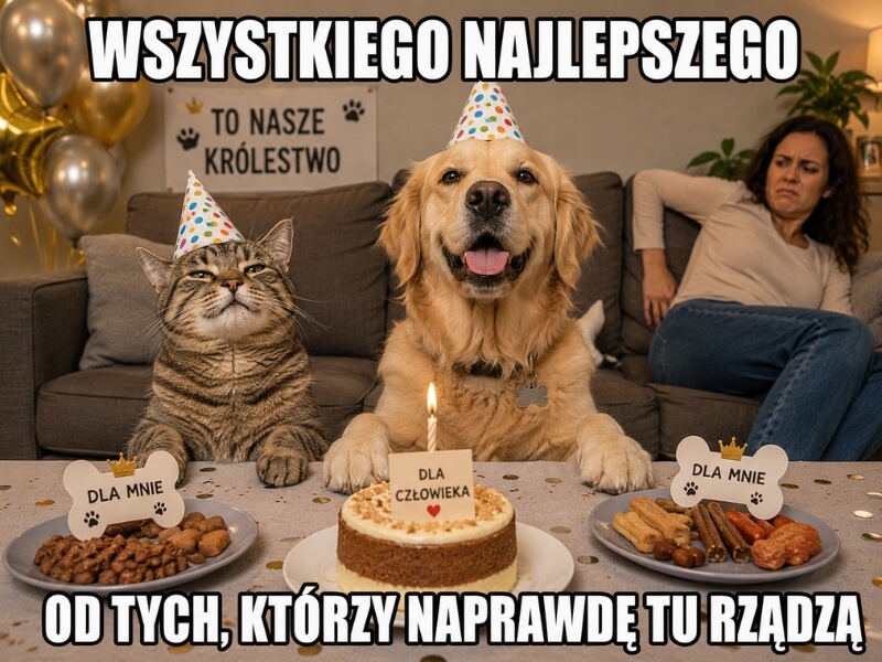 kot i pies w czapeczkach przy urodzinowym stole