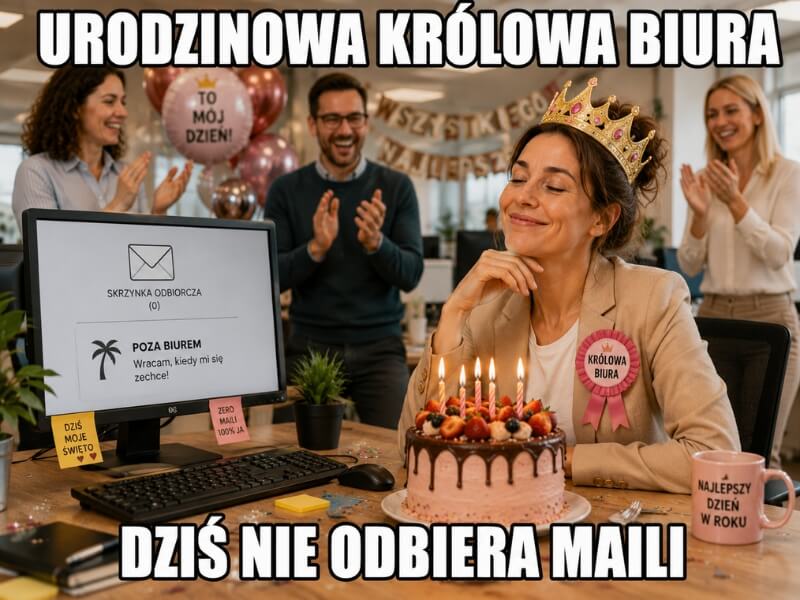 solenizantka przy biurku z tortem i pustą skrzynką odbiorczą