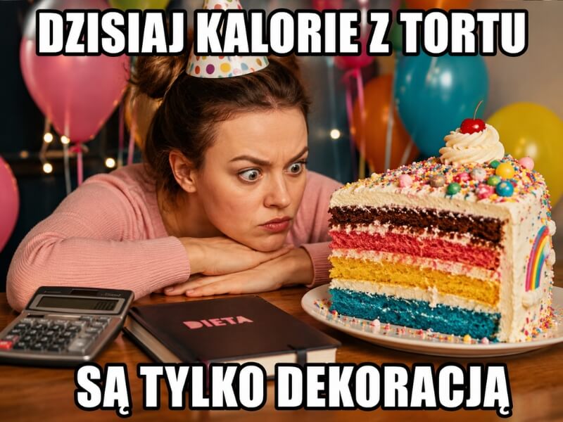 kobieta wpatrzona w ogromny kawałek kolorowego tortu