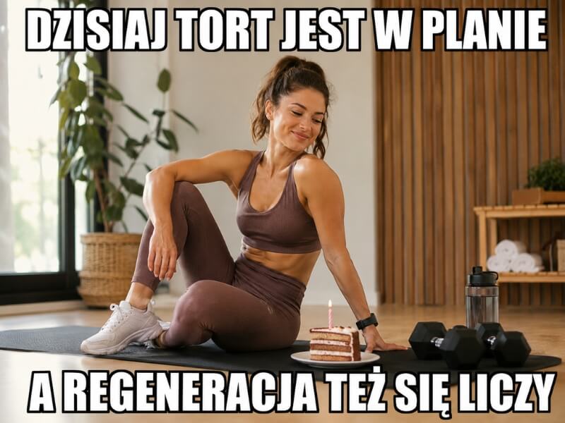 wysportowana kobieta odpoczywająca przy torcie po treningu