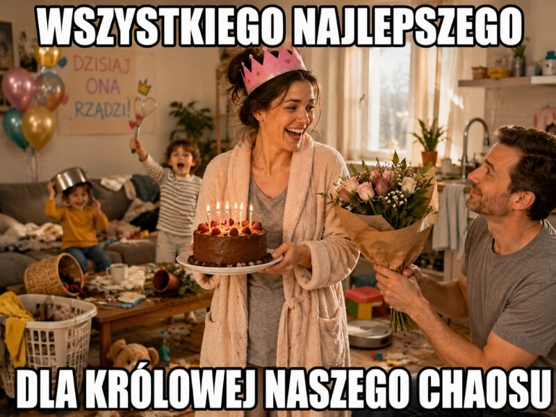 solenizantka z koroną tortem i kwiatami od partnera