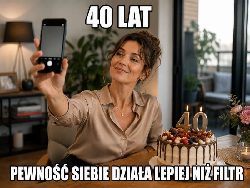 memy urodzinowe dla kobiet – selfie przy torcie z liczbą 40