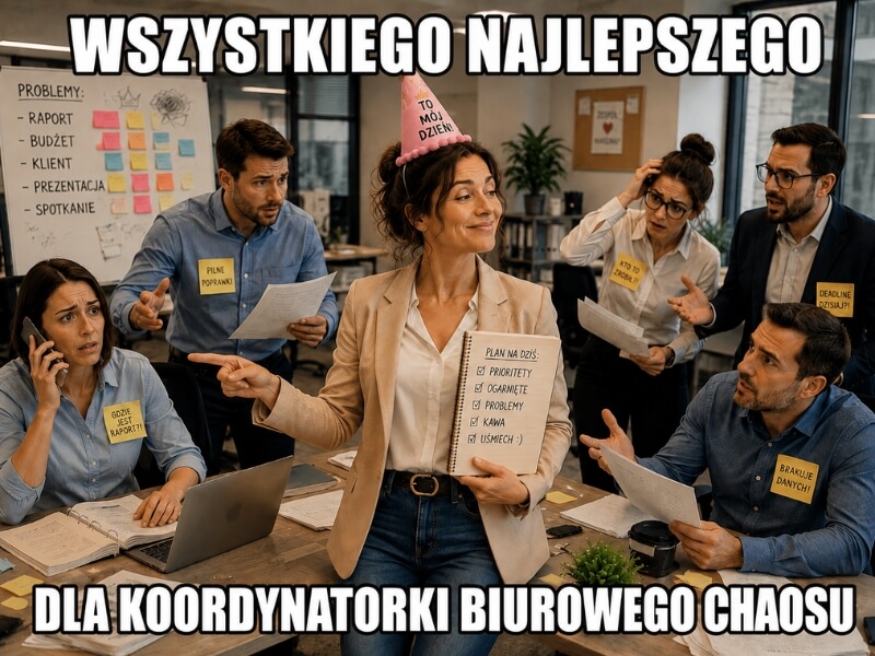 memy urodzinowe dla kobiet – koordynatorka wśród zagubionych współpracowników