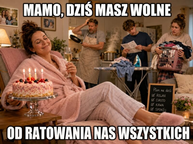 memy urodzinowe dla kobiet – mama odpoczywająca z tortem