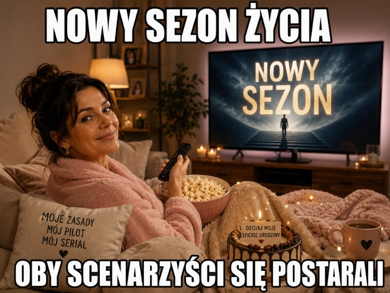 memy urodzinowe dla kobiet – solenizantka z popcornem na kanapie