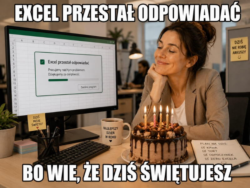 memy urodzinowe dla kobiet – pracownica z tortem przy zawieszonym arkuszu