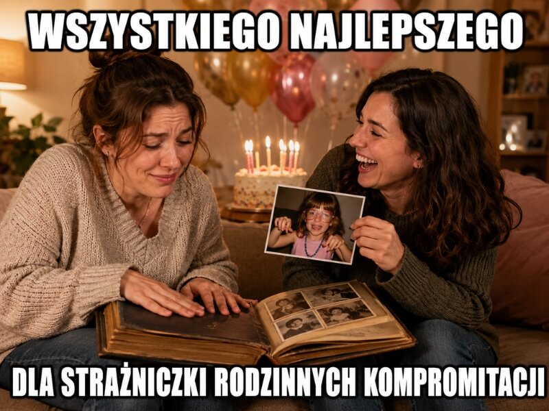 memy urodzinowe dla kobiet – siostry oglądające zabawne zdjęcia z dzieciństwa