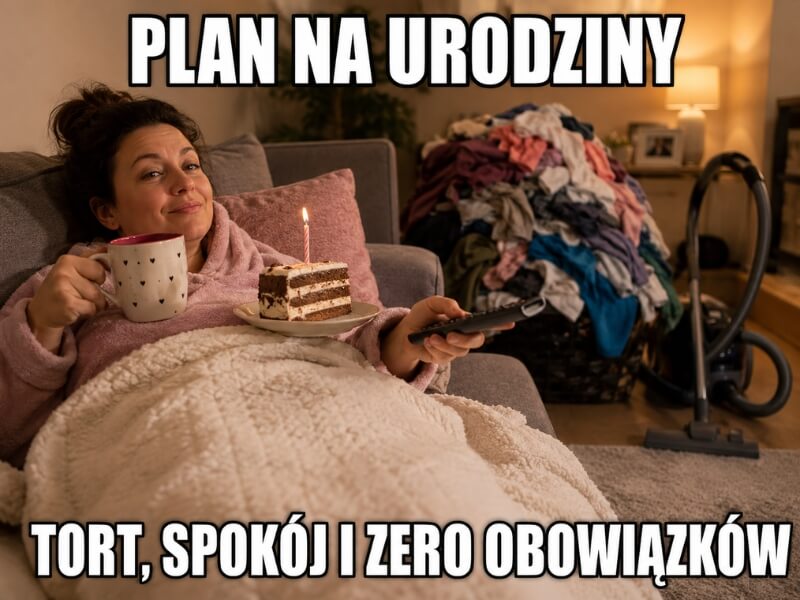 memy urodzinowe dla kobiet – solenizantka pod kocem z tortem i pilotem
