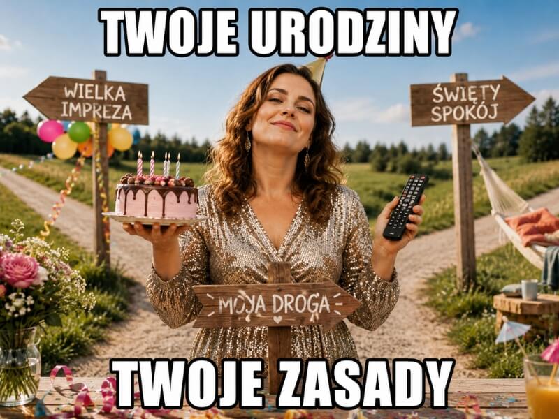 memy urodzinowe dla kobiet – solenizantka wybierająca własną drogę