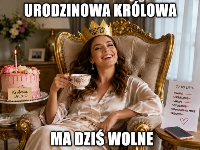 memy urodzinowe dla kobiet – urodzinowa królowa z tortem i herbatą