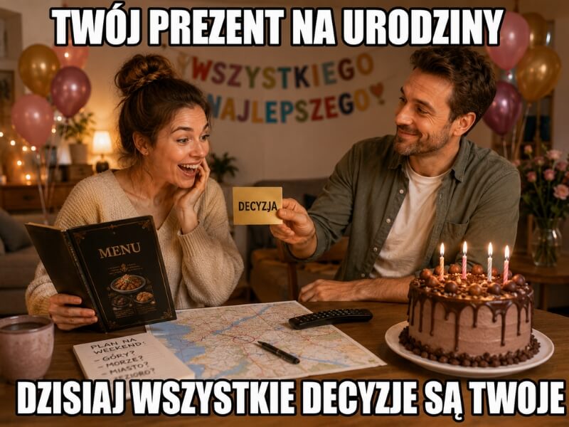 memy urodzinowe dla kobiet – kobieta wybierająca plany na urodziny