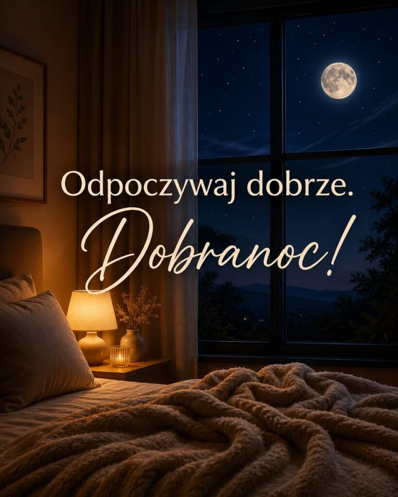 Przytulna sypialnia z lampką i księżycem za oknem