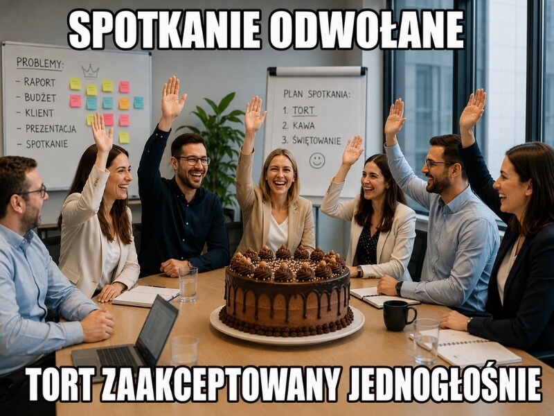 pracownicy głosujący przy dużym torcie w sali konferencyjnej