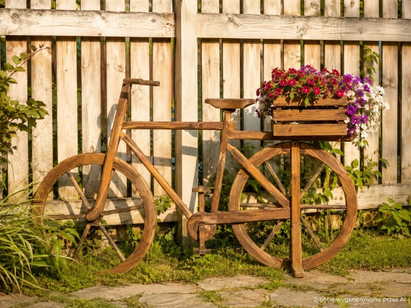 cuda z drewna do ogrodu – kwietnik w kształcie roweru dekoracyjny drewniany rower ze skrzynką pełną kwiatów