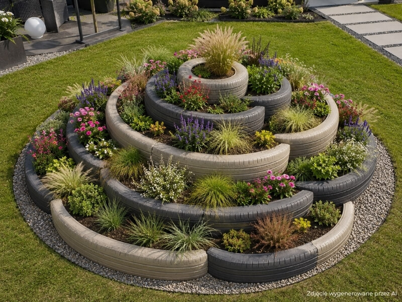 spiralna rabata z grafitowych i beżowych opon