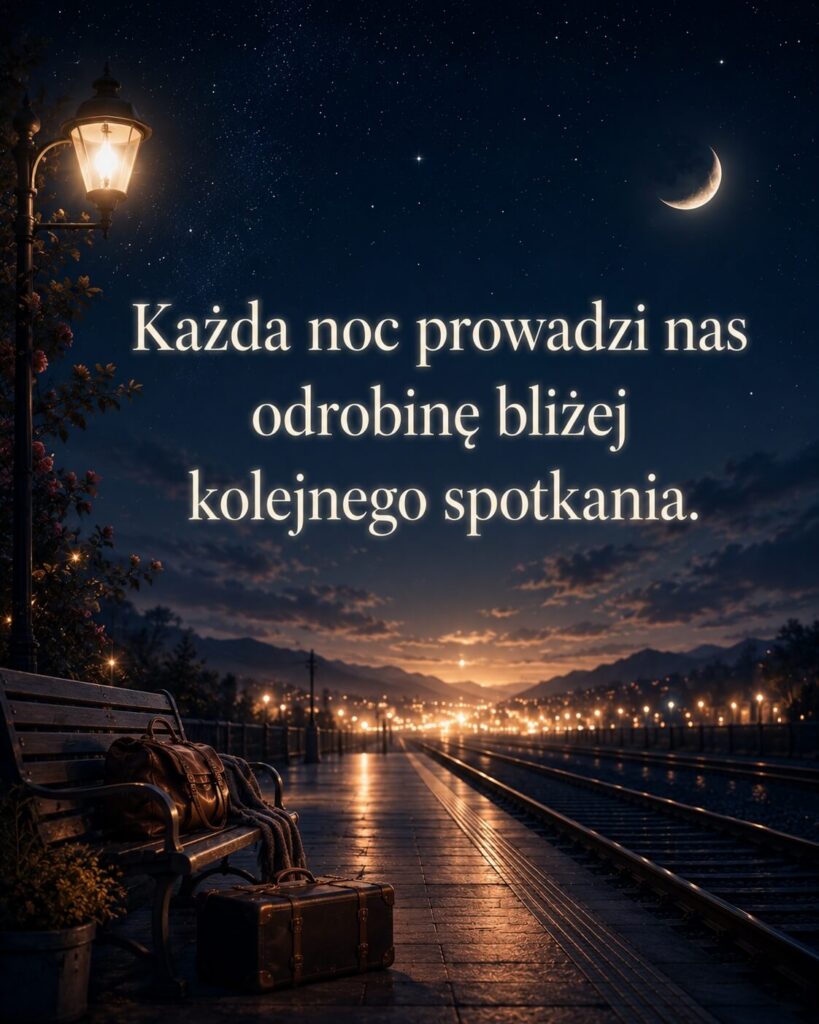 Nocny peron z walizką i światłami miasta