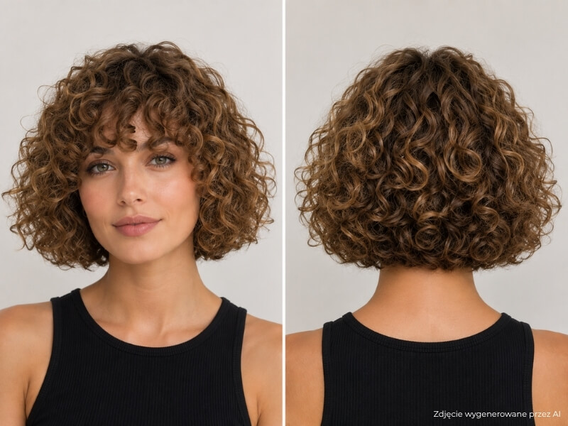 pełny kręcony bob z widoku przedniego i tylnego curly bob – jasno brązowe włosy do szyi z kręconą grzywką