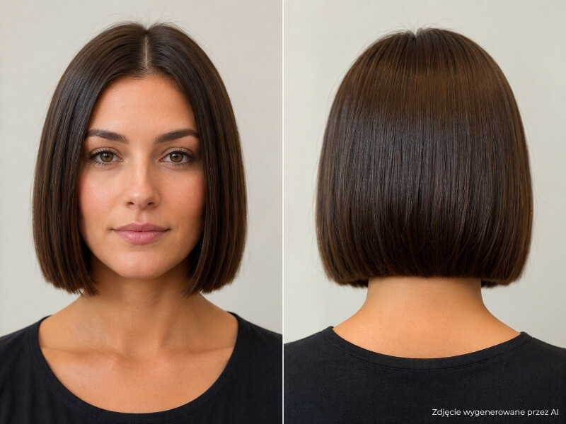 prosty bob z równą linią cięcia straight bob – gładkie włosy do szyi pokazane z przodu i z tyłu