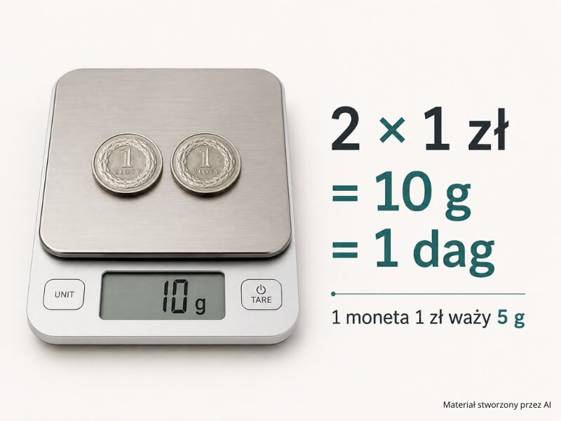 dwie monety 1 zł ważące łącznie 10 g na wadze