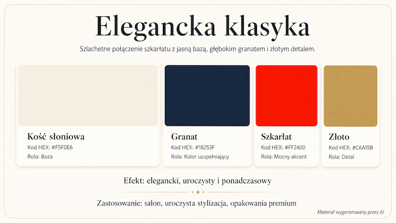 Kolor szkarłatny w eleganckiej palecie ze złotem Paleta kości słoniowej, granatu, szkarłatu i złota