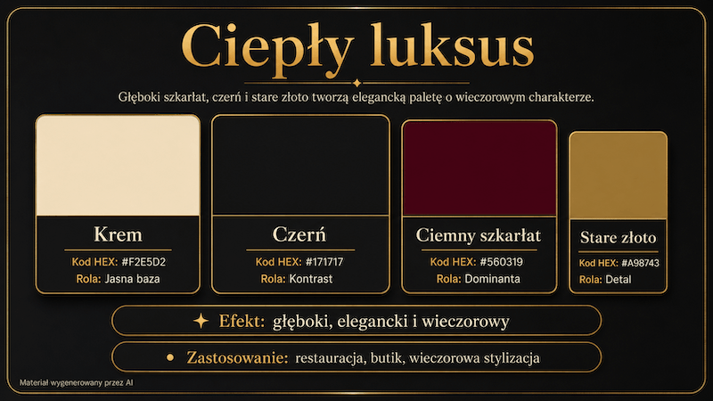 Krem, czerń, ciemny szkarłat i stare złoto Kolor szkarłatny w luksusowej palecie z czernią i złotem