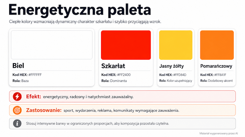 Biel, szkarłat, jasny żółty i pomarańczowy Kolor szkarłatny w energetycznej palecie ciepłych barw