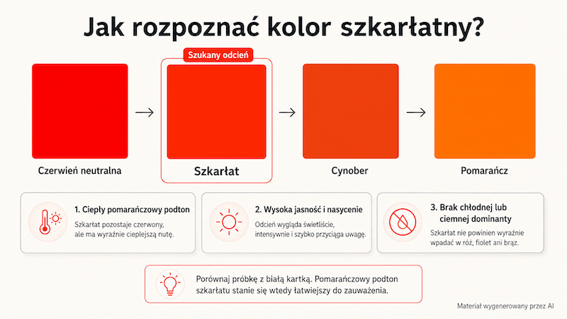 Porównanie czerwieni, szkarłatu, cynobru i pomarańczu Kolor szkarłatny na tle pokrewnych odcieni czerwieni