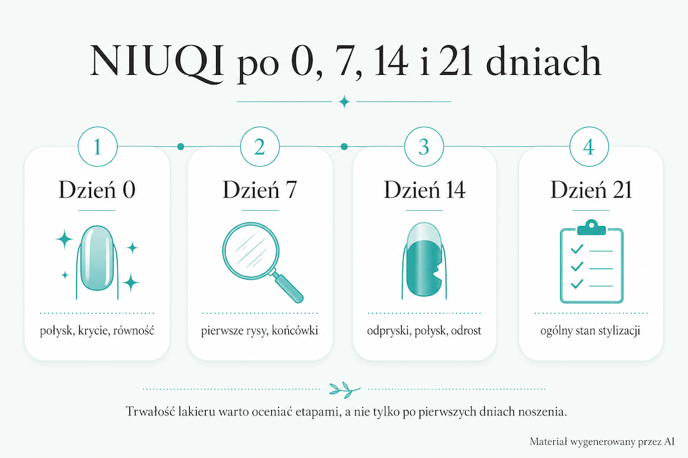 Lakiery hybrydowe Biedronka – test trwałości NIUQI Trwałość manicure NIUQI po 0, 7, 14 i 21 dniach