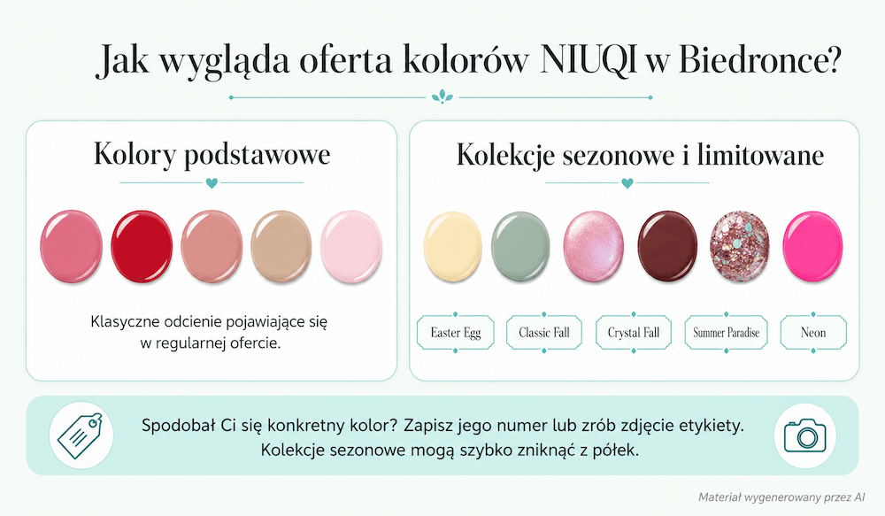 Lakiery hybrydowe Biedronka – oferta kolorów NIUQI Kolory podstawowe i sezonowe kolekcje NIUQI