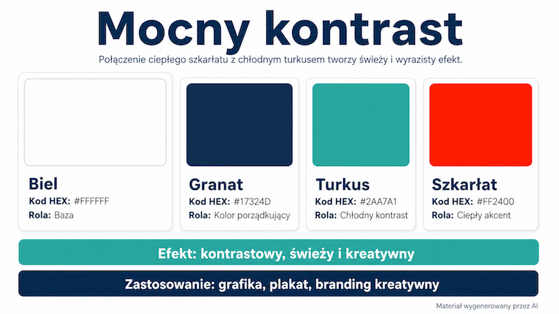Kolor szkarłatny w kontrastowym zestawieniu z turkusem Kontrastowa paleta bieli, granatu, turkusu i szkarłatu