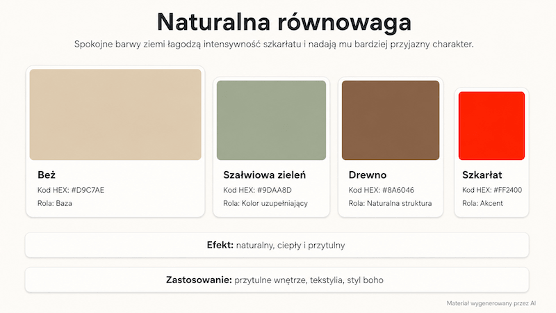 Kolor szkarłatny w ciepłym zestawieniu barw ziemi Naturalna paleta beżu, szałwii, brązu i szkarłatu