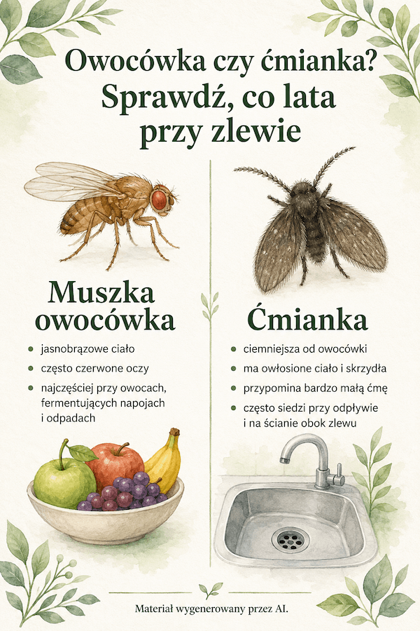 Porównanie muszki owocówki i ćmianki przy zlewie