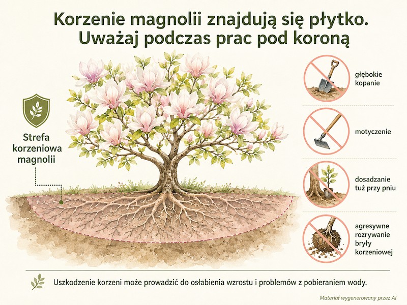 Płytki system korzeniowy magnolii Czego nie lubi magnolia – płytkie korzenie i prace pod koroną