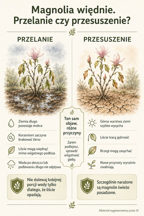 Więdnięcie magnolii przy nadmiarze i braku wody Czego nie lubi magnolia – przelanie i przesuszenie podłoża
