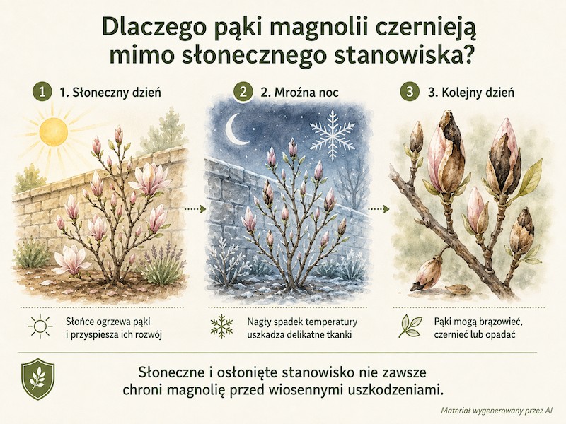 Czego nie lubi magnolia – nagłe wiosenne przymrozki Przemarznięte i czerniejące pąki magnolii