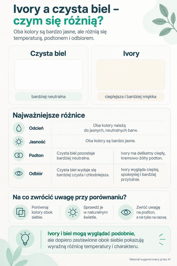 Ivory a biel – jak rozpoznać różnicę między podobnymi kolorami Infografika porównująca kolor ivory i czystą biel z uwzględnieniem jasności, podtonu i różnic w odbiorze barwy