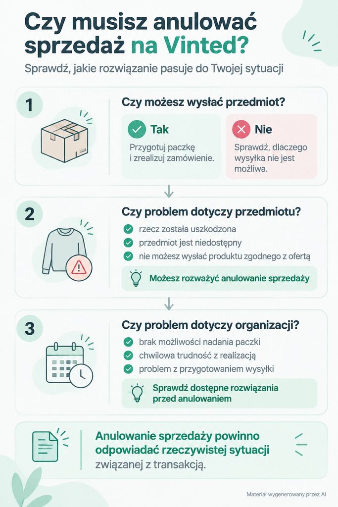 Schemat decyzji przed anulowaniem sprzedaży na Vinted Jak anulować sprzedaż na Vinted – schemat decyzyjny przed anulowaniem transakcji