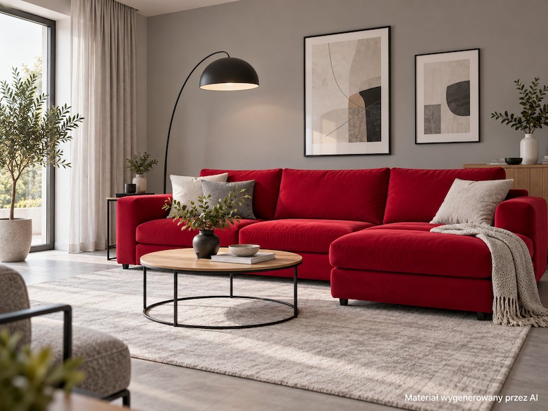 Kolor karmazynowy w nowoczesnym szarym salonie Karmazynowa sofa na tle neutralnej szarości