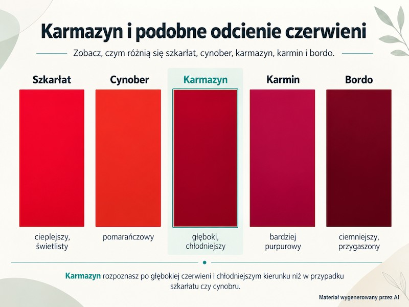 Porównanie karmazynu, szkarłatu, cynobru, karminu i bordo Kolor karmazynowy na tle podobnych odcieni czerwieni