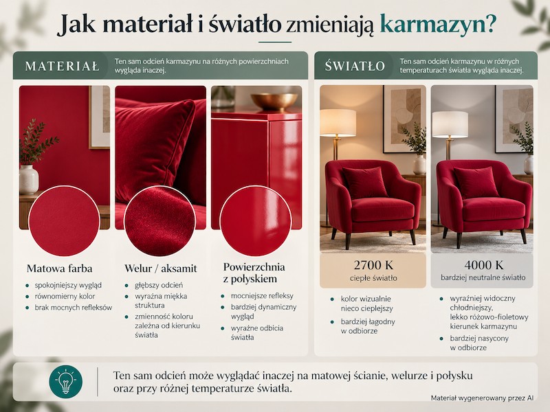Wpływ materiału i światła na wygląd karmazynu Kolor karmazynowy na różnych materiałach i w różnym świetle