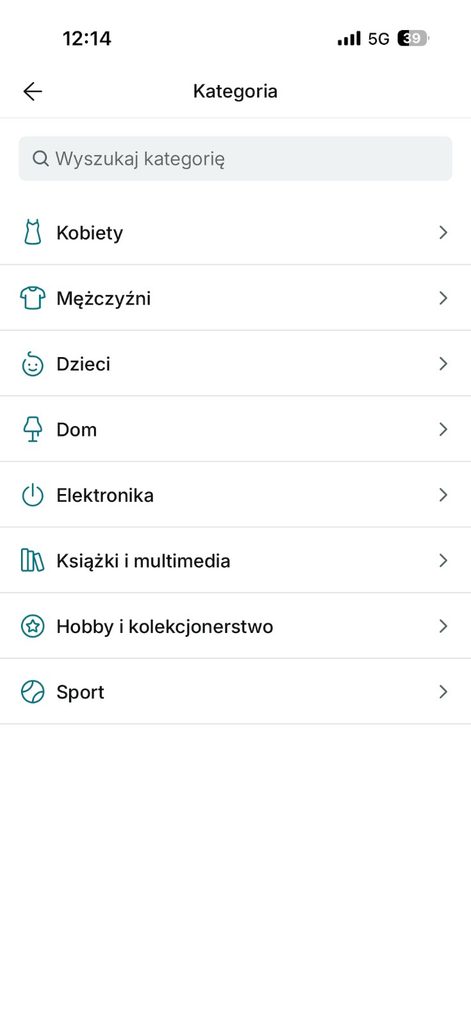 dostępne kategorie produktów na Vinted