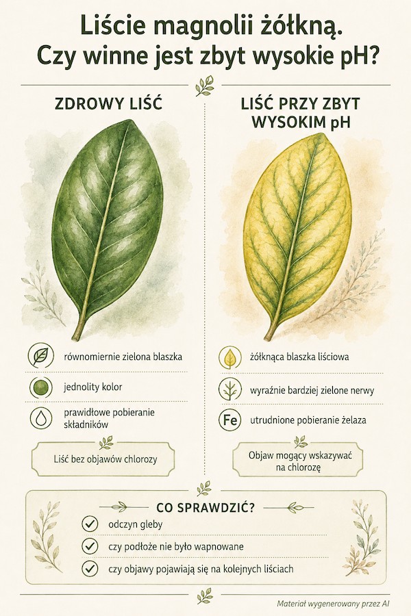 Czego nie lubi magnolia – zbyt wysokie pH gleby Zdrowy i żółknący liść magnolii przy wysokim pH