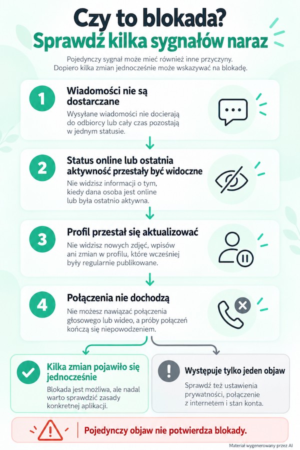 Jak rozpoznać możliwą blokadę w komunikatorze - infografika Sygnały możliwej blokady w komunikatorze